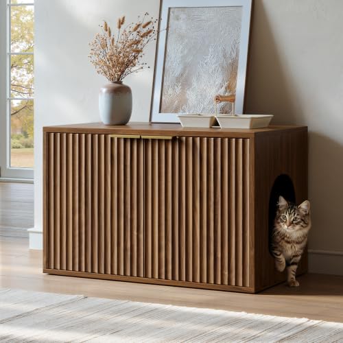 Evermagin 31.5" Cat Litter Box Enclosure Furniture, Walnut | Hidden Litter Box Cabinet, Modern Indoor Cat House, Fluted Kitty End Table for Living Room, Bedroom, Entryway - color: Walnut