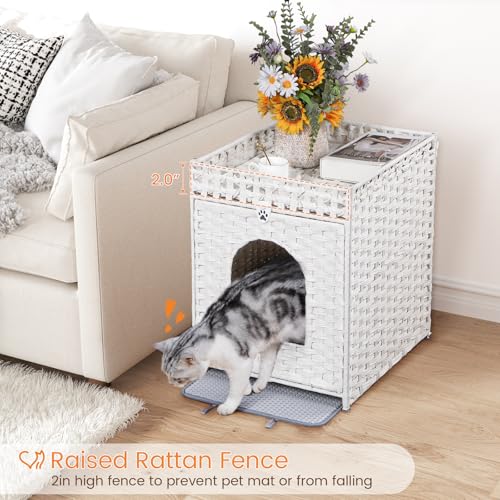 Snughome Cat Litter Box Enclosure Furniture Hidden with Litter Mat, Hidden Washroom Furniture with Door, Handwoven Rattan Cat Washroom Box, Indoor Pet House for Living Room, Bedroom(White) - color: White