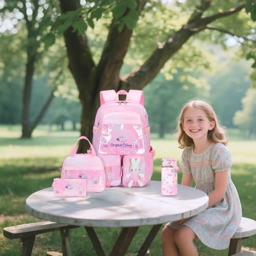 FIXITOK Girls Backpack with 14oz Insulated Water Bottle Set, Kawaii Bunny School Backpack for Girls with Kids Water Bottle Lunch Bag Pencil Case for Kindergarten Elementary Preschool School - color: W-dreamy-pink