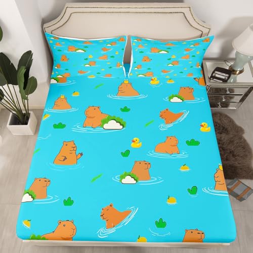Erosebridal Cabybara Fitted Sheet Twin Size Funny Mouse Rodent Bedding Set Cartoon Animal Bed Sheets Kids Gifts for Capybara Lovers, Cute Kawaii Duck Sheets 2 Pieces with 1 Pillow Case - color: Multi 29, size: Twin (No Top/Flat Sheet)