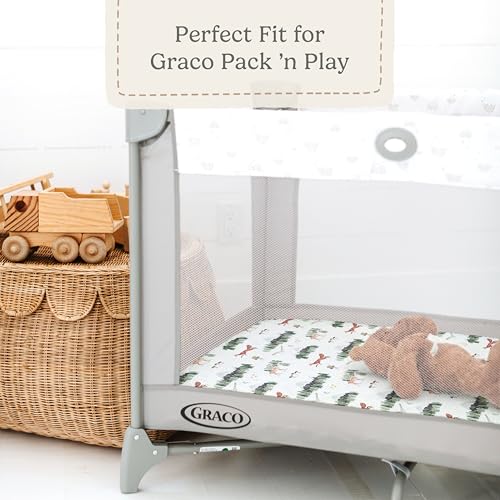 Pack and Play Sheets Fitted, Mini Crib Sheets for Graco Pack N Play Playard (38x26), Ultra Soft Organic Cotton Blend, Safe & Snug Playpen Mattress Sheet for Baby Boys & Girls – Starry Woodland, 2-Pack - color: Woodland Forest Animals