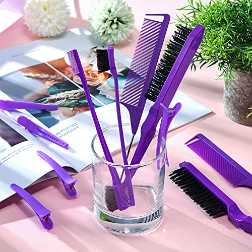 Remerry Nylon Hair Brush Set for Women & Girls, 12 Pieces Including 3 Row Salon Teasing Brushes, Double Sided Hair Edge Brush, Rat Tail Combs, Duckbill Clips - Purple - color: Purple