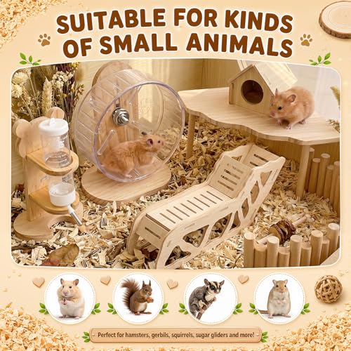 Novabright 5 Pcs Hamster Wooden Platform Set with Hideout Tunnel Running Wheel House & Platform Play Set with Water Bottle Holder Cage Accessories for Hamsters Gerbils Mice Dwarf Syrian - style: Basic Play Set