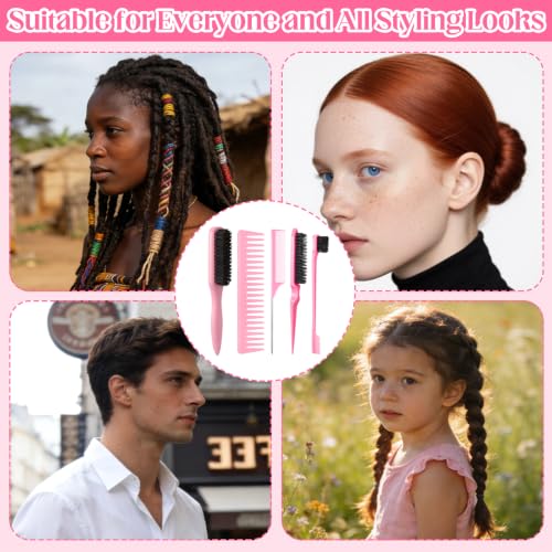 5 Pcs Pink Slick Back Hair Brush Set, Boar Bristle Hair Brush with Wide Tooth Comb, Edge Brush, Teasing Brush, Rat Tail Comb for Women Men - color: Pink