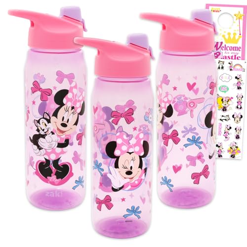 Disney Minnie Mouse Water Bottles 3 Pack - Bundle with 3 Reusable 20 Oz Drink Cups for Home, School, Sports, Party Favors Plus Stickers, More | Minnie Mouse Water Bottles Set