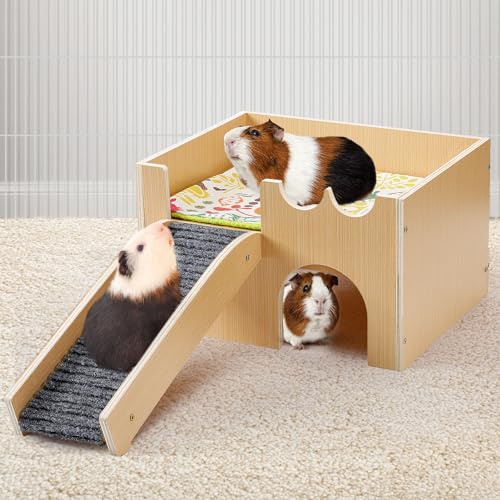 MEWTOGO Upgraded Sturdy Wooden Guinea Pig Castle with Stairs & Mat | Easy to Assemble, Sturdy, Playing Hiding House, for Hamsters Bunny Chinchillas Small Animals - size: Small