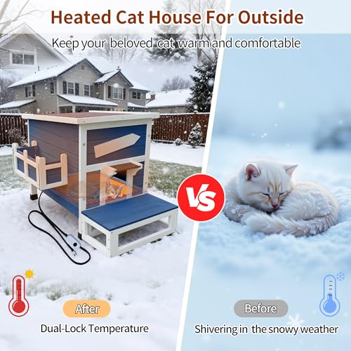 Rockever Large Outdoor Cat House with Heating Pad, Wooden Feral Cat Shelter | Weatherproof blue wooden shelter with escape door for feral cats, offering a spacious, warm and secure refuge for outdoor use