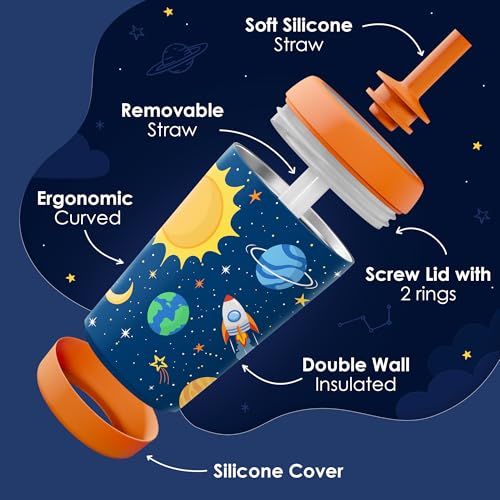 SANDJEST Kid Insulated Stainless Steel Tumbler with Silicone Straw, 12oz Sippy Cup for Kids (Outer Space) - color: Outer Space