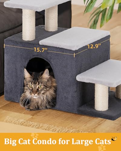 Aechonow 3-in-1 Pet Stairs for Cats, Dog Steps for Doggie Rabbits, Large | 7.8'' Depth Cat Stairs,Indoor Cat Steps for High Bed for Pet's Joints, Soft Plush, 1 Big Cat Condo Cave, Sisal Scratcher,Grey - size: Large-Gray