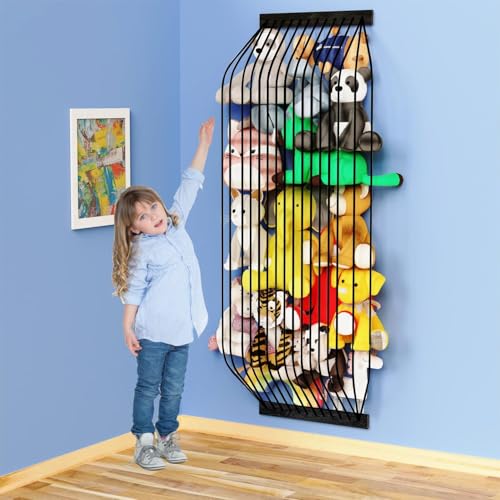 Stuffed Animal Storage Wooden Soft Toy Storage for Kids Room，Wall Mount Door Hanging Stuffed Animal Toy Organizer Shelf for Nursery Play Room Black -Patent - color: Black Board+Black Rope