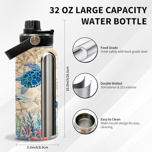 Sea Turtle 32oz Water Bottle, with Handle Lid Bottle, Coffee Cup | 32oz Stainless Steel Tumbler, Leak-proof Mug, Thanksgiving Christmas Birthday Gift for Turtles Lovers - color: Sea Turtles