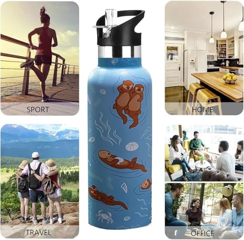 Kids Water Bottle with Straw,Sea Otter Bottle Vacuum Insulated Stainless Steel Travel Mugs Tumbler For Sport School Outdoor 20 oz - color: Blue Otter