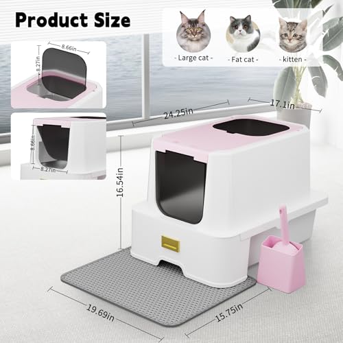 RIZZARI Pink Cat Litter Box: Covered Top Entry with Drawer & Spray | Pull-Out Drawer / Built-In Deodorizer Spray / Top Entry Reduces Mess / Spacious for Large Cats / Pink Blends with Home Decor - color: Light Pink with gun