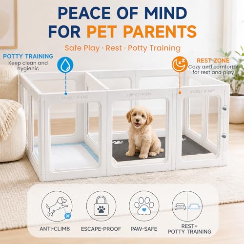 Clear Acrylic Dog Playpen Indoor 12 Panels Puppy Play Pen with Door and Toilet Detachable Pet Fence Kennel for Small Dog, Cat, Rabbit (24 Inch, White) - color: White