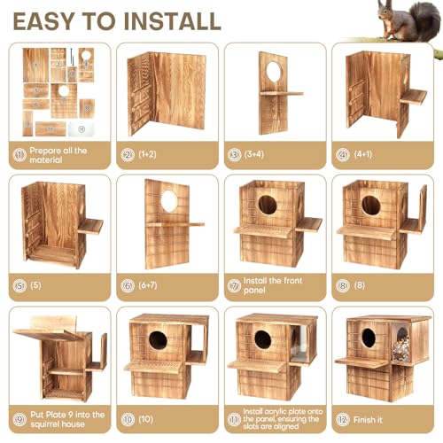 Squirrel House for Outside with Feeder, 2-in-1 Weatherproof Pine Wooden Large Squirrel Nesting Box with Predator Guard & Easy Assembly, Chipmunk House for Breeding Living, Year-Round Shelter