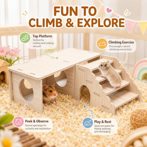 2 Pcs Hamster Hideouts, Wooden 2 Chamber Hideout Tunnel Hamster Platform with Climbing Ladder
