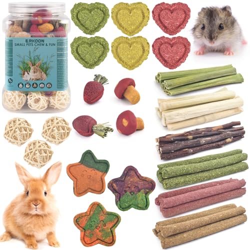 ERKOON 53 Bunny Chew Toys for Rabbits Teeth, Natural Rabbit Toys Apple Wood Sticks, Carrot, Timothy Grass for Small Pets, Hamster, Chinchilla, Guinea Pig Dental Care and Treat Teething(53) - size: 53