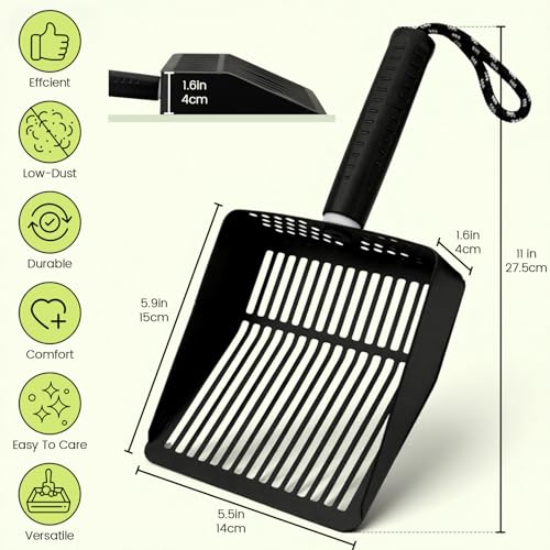 Cat Litter Scoop with Holder, Stainless Steel, Non-Slip Handle | Stainless steel litter scoop with holder captures clumps fast and includes a mini broom and dustpan for easy cleanup - color: Black