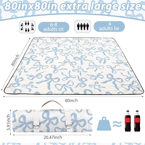 SmoothNovelty Blue Bow Picnic Blanket 80'' x 80'' Waterproof Extra Large Camping Blanket Coquette Picnic Mat Foldable Portable Preppy Outdoor Beach Mat with Carry Strap for Outdoor Grass Lawn Park - color: Blue
