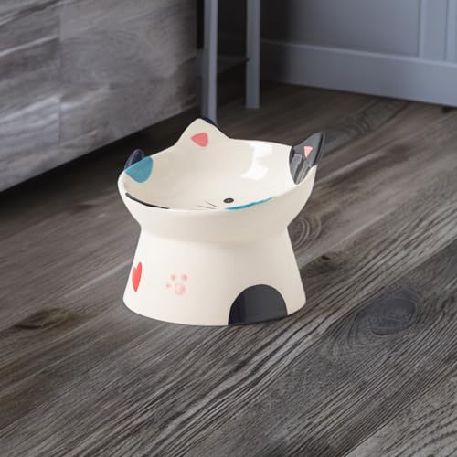 Cute Ceramic Raised Cat Bowls Elevated Design, 15° Tilted FeederProtect Cat's Spine Anti Vomiting Blow for Flat Faced Cats, Kitten Small Dogs,Raise Tilted Cat Food Bowld Pet Dishes(Black) - color: Black