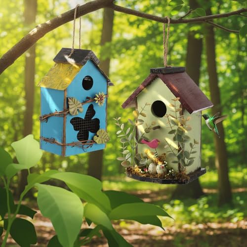 DoubleFill 2 Pcs Birdhouses for Outdoor Hanging Yard Outside Wooden Birdhouse Hand Painted Bird Box for Bird Lovers Bluebird Tree Garden Decor Decorative Birdhouse(Blue,Light Green,Iron Roof) - color: Blue,Light Green, size: Iron Roof