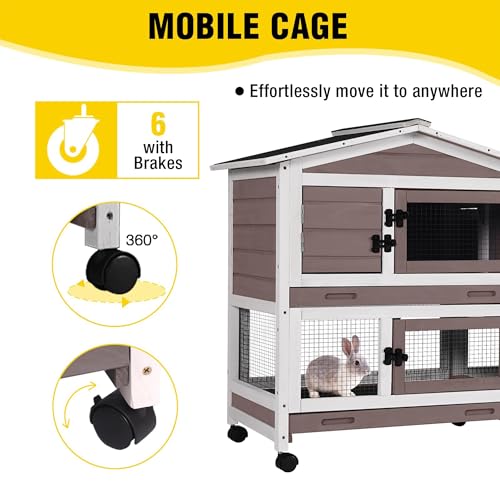 Aivituvin Rabbit Hutch Indoor 2 Story Bunny Cage Outdoor Guinea Pig Cage with Caster Wheels Chicken Coop with Run, 3 Pull Out Tray (Brown&White) - color: Brown&White