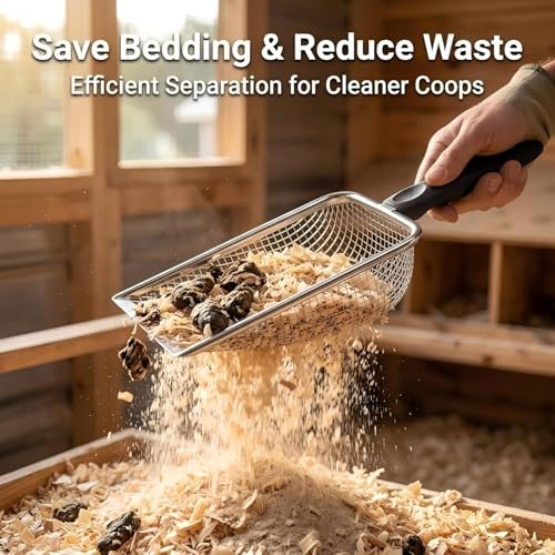 Chicken Coop Poop Scooper 2 Pack, Stainless Steel Sifting Shovels | 3.8mm & 5mm Mesh Sand Sifting Litter Shovel Tool for Chicken Coops Sand, Cat Litter and Bedding Cleaning, 2 adhesive hooks