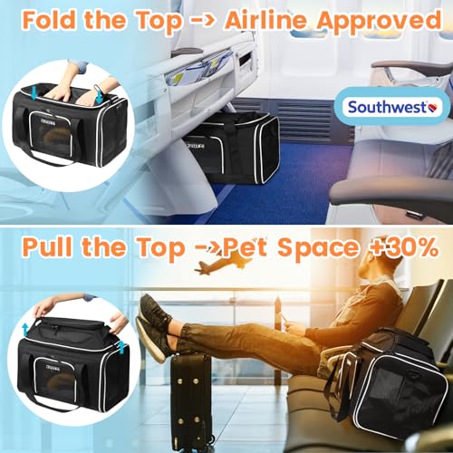 Top-Expandable Small Pet Carrier 18"x13"x9.5" Airline Approved | for Southwest Airlines, Lockable Safety Zippers and Anti-Scratch Mesh, Soft-Sided, Pets Under 10 Lbs, Black - color: Black, size: 18.0"L x 13.0"W x 9.5"H
