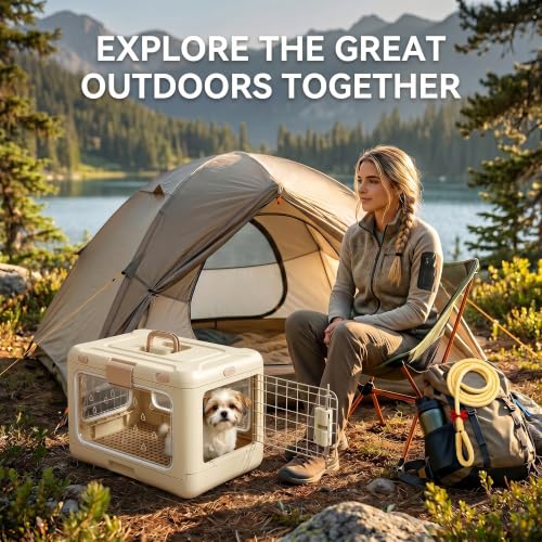 Foldable Hard Cat Carrier, Transparent Pet Crate for Cats & Small Dogs, Collapsible Travel Kennel with Ventilation & Urine Pad Mesh Grid, Portable Travel cage, Essential for pet Travel, White - color: White