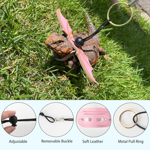 Esmorah Bearded Dragon Carrier and Leash Harness with Wings, Small Animal Sling Carrier and Reptile Carrier, Lizard Adjustable Harness and Sling Bag for Outdoor Travel Walking Rest - color: Rainbow Red + Pink Wing Leash