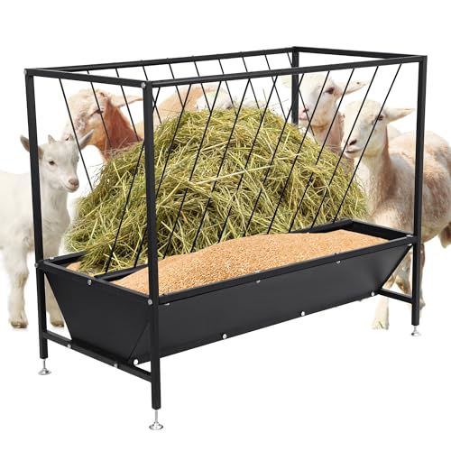 70 Gallon Pasture Hay Feeder, Heavy-Duty 2-in-1 Livestock Feeder with Grain Trough, Galvanized Steel Hay Rack for Goats, Sheep, Calves and Miniature Horses