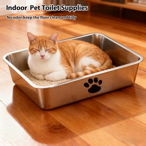 Stainless Steel Litter Box, Metal Cat Litter Pans-4“ Height Low Entry Indoor Pet Toilet Supplies for Kitty, Kitten, Rabbit, Puppy,No Stick Easy Clean-No Smell - size: 17.7" x 13.8"x 4"