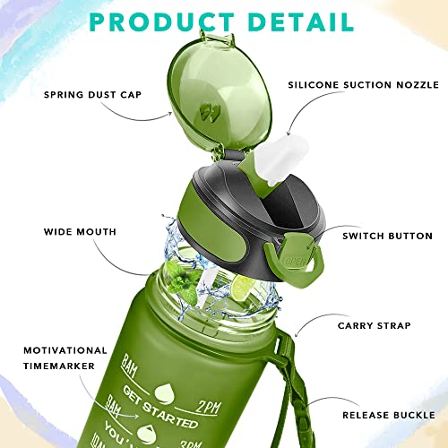 Enerbone 32 oz Drinking Water Bottle with Times to Drink and Straw, Motivational with Carrying Strap, Leakproof BPA & Toxic Free, Ensure You Drink Enough Water for Fitness Gym Outdoor - color: Hunter Green
