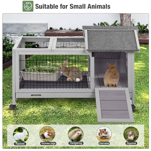 Wooden Rabbit Hutch Indoor and Outdoor, Rabbit Cage with Removable Wire Netting and Leak Proof Tray, Mobile Bunny Cage with Wheels (Grey) - color: Grey