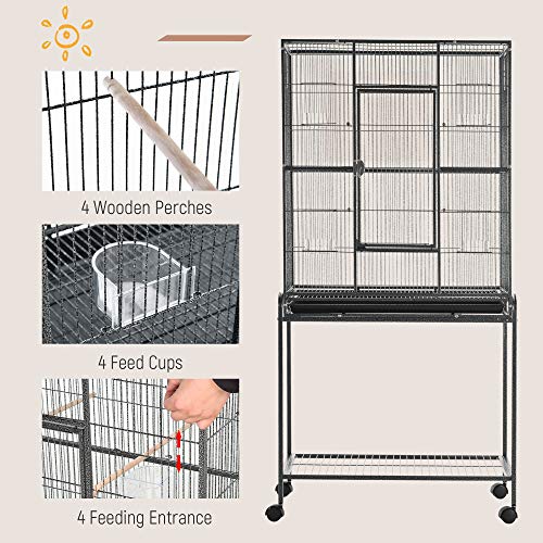 PawHut 30" Rolling Metal Bird Cage Feeder with Detachable Rolling Stand, Storage Shelf, Wood Perch & Food Container | Storage Shelf, Wood Perch, Food Container - size: 30.3"L x 18.5"W x 64.0"H
