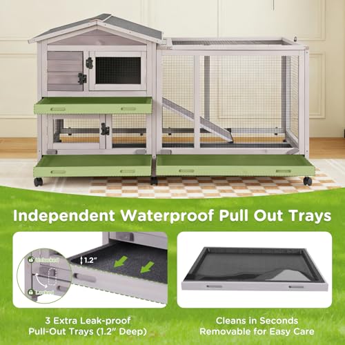Gutinneen Large Indoor Rabbit Hutch Bunny Cage with Chew-Proof Ramp, Locking Leak-Proof Trays - Outdoor 62" Wooden Rabbit Cage with 6 Wheels for Rabbits, Guinea Pigs, Small Animals (Grey) - size: 62.0"L x 22.6"W x 33.5"H