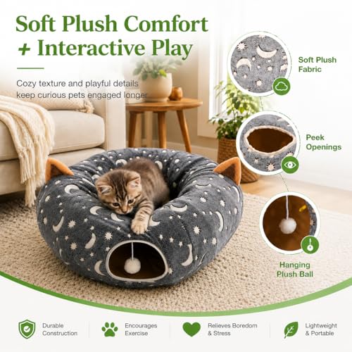 Cat Tunnel Bed Under Christmas Tree with Plush Ball Toy Playground Crinkle Collapsible Self-Luminous Flannel Fabric 3FT for Large Cats Kittens Kitty Small Animals Puppy Grey Moon Star - size: 3FT