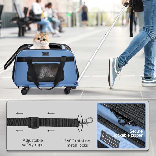 Petsfit Cat Carrier with Wheels, Removable Spinner Wheels, Up to 13 lb | Fits pets up to 15 L x 8 H in and 13 lb; removable spinner wheels, anti-sag frame, 4-sided mesh, safety tether and locks. - color: Blue, size: 20.1"L x 12.2"W x 14.2"H