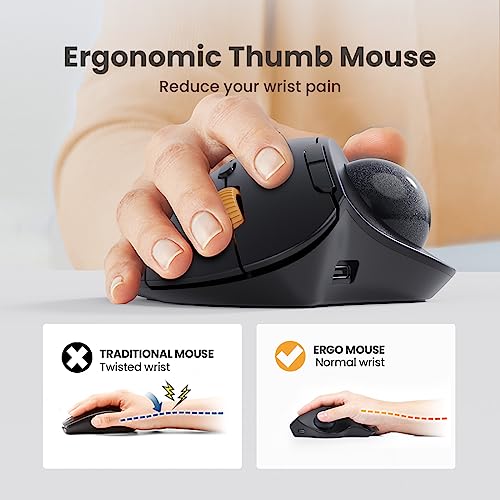 ProtoArc EM04 Wireless Trackball Mouse, Bluetooth Trackball Mouse | Thumb-control design reduces wrist fatigue, connect 3 devices via Bluetooth/2.4G USB-A, 500mAh rechargeable battery