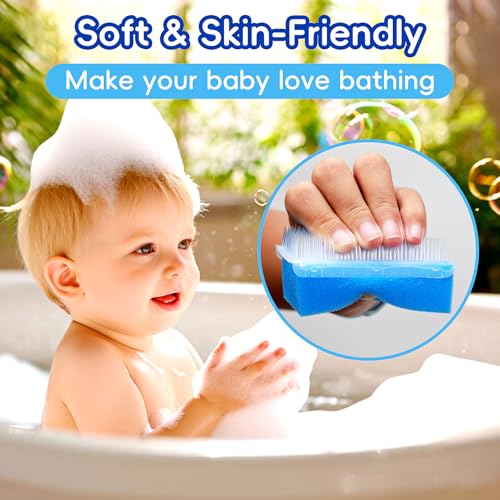 Cradle Cap Brush for Babies, Baby Bath Essentials with Silicone Scrubber Bath Sponge Dual-Sided Comb for Newborns Toddlers Boys Girls (Blue,Set of 5) - color: Blue Brush+ Comb