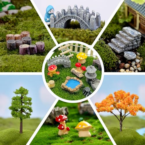 23 Pcs Fairy Garden Miniatures Jumping Spider Enclosure Accessories, Mini Bridge Fence Pond Street Lamps Mushroom Lawn Figurines Garden Decorations for Jumping Spider Habitat