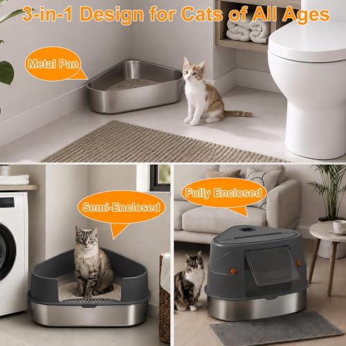Gimars XXXL Stainless Steel Enclosed Corner Cat Litter Box with Lid, Triangle Design 27" x 20" x 17", High Sided Metal Enclosure for Large Cats, Space Saving Odor Control System