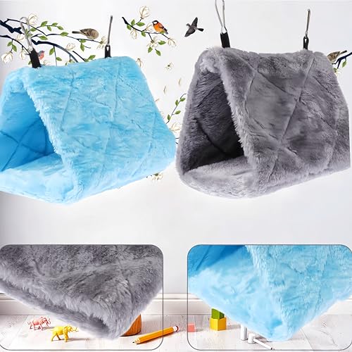 2 Pack Warm Bird Nest House Bed Hanging Hammock Sleeping Bed Plush Hanging Snuggle Cave Happy Hut for Pet Parrot Parakeet Cockatiel Conure Cockatoo African Grey Macaw(Blue&Grey) - color: Blue and Grey