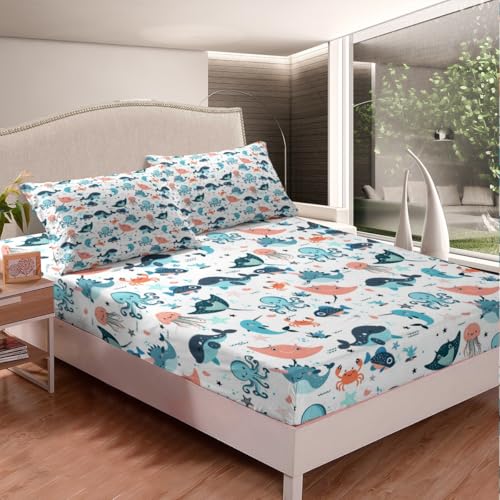 Cute Whale Bed Sheets Full Size, Kids Kawaii Cartoon Octopus Sheet Set, Jellyfish Shell Starfish Crab Fitted Sheet For Little Boys Girls, Ocean Beach Sea Animals Bedding Set With Kawaii Flat Sheet - color: Multi 08, size: Full