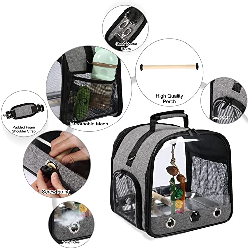 Small Bird Carrier Bag with Stand, Lightweight Backpack for Parrot, Portable Cockatiel Travel Cage with Bird Toy, Pet Transparent Breathable Carrier, Gray - color: Gray, size: 12"L x 9.4"W x 12.9"H