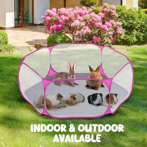 Pawaboo Small Animals Playpen with Pad, Pink + Gray | Waterproof, Reusable Pad, Portable Outdoor Yard Fence, For Chick/Kitten/Puppy/Guinea Pig/Rabbits/Chinchillas - color: Pink + Gray