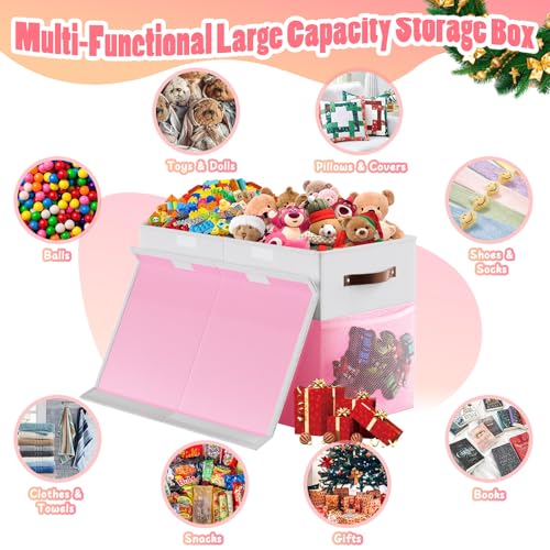 Large Toy Storage Box with Lid & Dividers, Kids Toy Chest, Pink and White | Toy Box for Boys, Girls, Nursery, Bedroom, Living Room, Playroom, 25 x 13 x 16 inches - color: Large Pink and White