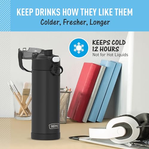 THERMOS FUNTAINER Water Bottle with Spout, 16oz, Black Matte | Kids Stainless Steel Insulated Water Bottle, Keeps Drinks Cold Longer for School & Play, BPA-Free - color: Matte Black, size: 16 Ounces