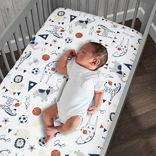 Lambs & Ivy Hall of Fame Animals/Sports 100% Cotton Fitted Baby Crib Sheet - color: Hall of Fame