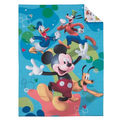 NoJo Disney Mickey Mouse Blue, Red, and Green, Donald Duck, Pluto, and Goofy, Fun Starts Here 4 Piece Toddler Bed Set - Comforter, Fitted Bottom Sheet, Flat Top Sheet, and Reversible Pillowcase - color: Mickey Mouse - Fun Starts Here